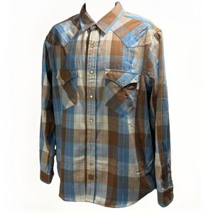 Dubinik Customized Version Men's Large Blue Brown Plaid Pearl Snap Shirt